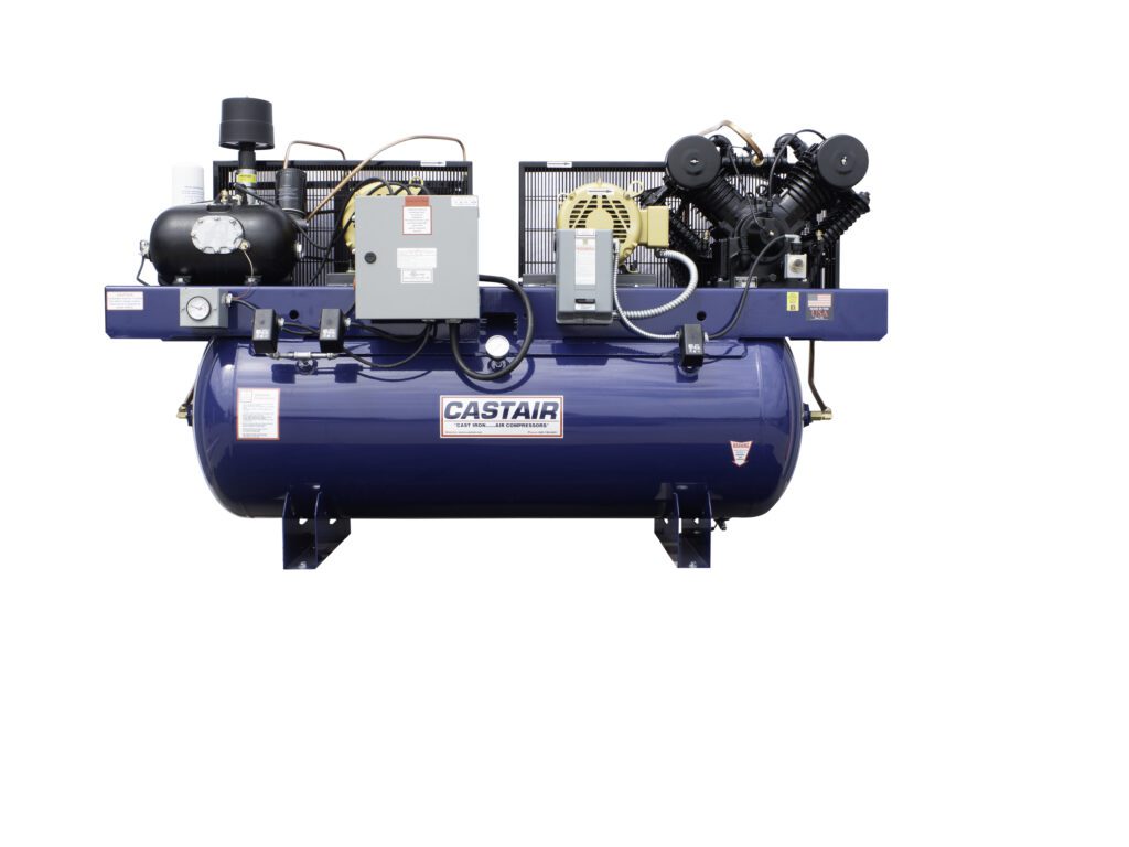These “hybrid” compressors offer the durability and 100% duty cycle of a rotary screw, together with the intermittent demand and energy savings of a piston. Under normal operation, the rotary runs continuously, as they are designed to, and the piston automatically runs intermittently when the rotary cannot keep up. If no air is required for 10 minutes, the rotary will also turn off and remain in standby mode until air is required again, providing a seamless supply of air while conserving electricity. heavy-duty duplex industrial air compressor for dairy farms, Castair D10324HC-S 120-gallon hybrid compressor, two-stage air compressor with intake noise silencer Minnesota, ASME-certified horizontal tank compressor for milking systems, quiet operation duplex compressor 35.2 CFM 175 PSI, Baldor motor air compressor for agricultural equipment maintenance, durable cast iron pump compressor for barn ventilation, Minnesota-manufactured air compressor for large machinery repair, high-performance hybrid compressor for dairy pneumatic tools, industrial duplex air compressor for farm equipment shops.

