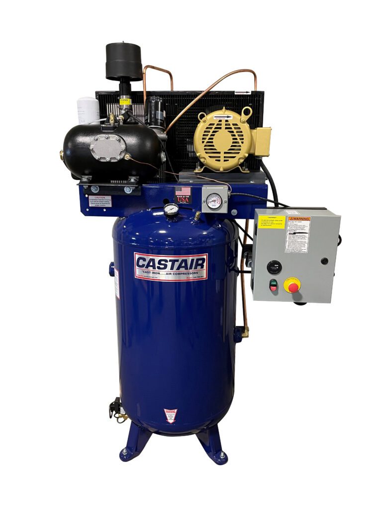 The Castair R7318VP75 is a heavy-duty rotary screw industrial air compressor, engineered by Castair, a family-owned Minnesota company since 1991, for continuous, high-performance operation in demanding dairy operations, large equipment maintenance shops, and industrial settings requiring a reliable, high-volume air supply. Designed for a 100% duty cycle, this compressor combines user-friendly installation, operation, and maintenance with energy-efficient features, making it ideal for dairy farms, agricultural equipment repair, and heavy machinery applications. It delivers approximately 30 CFM at 135 PSI (standard, with options for 150 or 175 PSI), powered by a 7.5 HP, 208-230/460V, 3-phase industrial motor running at 1725 RPM with a full 15% service factor.
The 80-gallon vertical ASME-certified, powder-coated tank ensures safety, corrosion resistance, and ample air storage, perfect for powering pneumatic tools used in dairy operations, such as milking systems, barn ventilation equipment, and heavy machinery maintenance tools like impact wrenches and pneumatic lifts. Equipped with automotive-type paper element air filters and spin-on oil filters, the R7318VP75 maintains clean air intake and simplifies maintenance. A built-in air/oil separator with a spin-on filter and air-cooled aftercooler/oil cooler (removable for cleaning) enhances efficiency and durability. The compressor features a 10-minute shutdown timer to save electricity when air is not required, high-pressure and dual high-temperature shutdowns for safety, and off-shelf V-belts with an adjustable belt tightener for reliable operation. Easy-to-read pressure and temperature gauges, an hour meter, and off-shelf copper piping for air/oil lines further simplify monitoring and maintenance.
Key features include a single solenoid for air end operation (no computers), factory-filled 4000-hour/one-year synthetic lubricant, and a 2-year warranty on the air end, electric motor, and tank. The slow RPM, oil-lubricated cast iron pump ensures quiet operation and extended service life, while precision steel connecting rods, tapered roller bearings, and disc/spring valves enhance reliability and efficiency. Measuring approximately 33" L x 24" W x 72" H and weighing around 695 lbs, the R7318VP75 is built for stationary use in dairy barns or equipment shops, with pre-mounted quality name-brand magnetic starters for easy setup.
For dairy and large equipment applications, the rotary screw design ensures continuous air supply for milking machines, pneumatic actuators, and heavy-duty tools, while the energy-saving shutdown timer reduces costs during idle periods. All Castair compressors are built to order, allowing customization. For inquiries or to tailor features, heavy-duty rotary screw air compressor for dairy farms, Castair R7318VP75 80-gallon vertical tank compressor, industrial air compressor with 100% duty cycle Minnesota, ASME-certified rotary screw compressor for milking systems, quiet operation air compressor 30 CFM 135 PSI, Baldor motor air compressor for agricultural equipment maintenance, durable cast iron pump compressor for barn ventilation, Minnesota-manufactured air compressor for large machinery repair, energy-efficient rotary screw compressor for dairy pneumatic tools, industrial air compressor for farm equipment shops and heavy-duty applications.