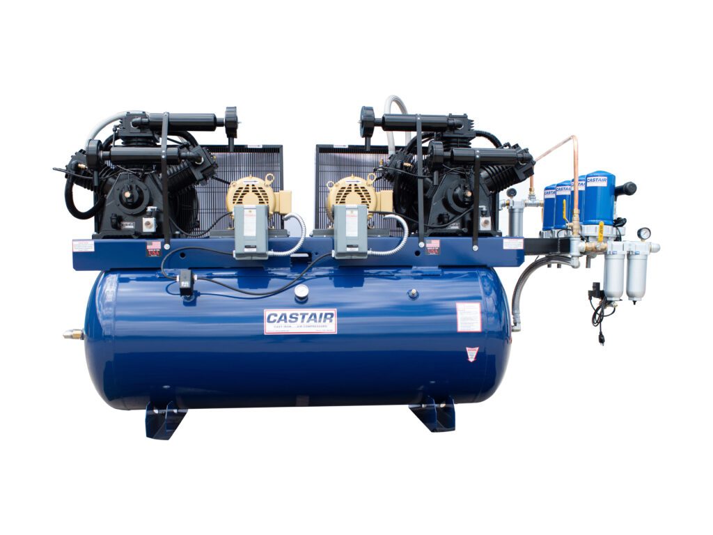 D10324HC-S
The Castair D10324HC-S is a heavy-duty duplex industrial series air compressor, engineered by Castair, a family-owned Minnesota company since 1991, for superior performance in medium to large shop environments and mobile applications, including HVAC service trucks requiring high air output and redundancy. Featuring dual 5 HP, single-phase, 208-230V Baldor motors, this compressor delivers up to 35.2 CFM at 175 PSI, operating at a slow 758 RPM for quiet performance and extended durability. Its two-stage, dual full cast iron, oil-lubricated pumps ensure robust reliability, making it ideal for heavy-duty industrial air compressor tasks in HVAC installation, automotive repair, manufacturing, and mobile service operations like duct cleaning or construction.
The 120-gallon horizontal ASME-certified, powder-coated tank provides substantial air storage and is built for safety and corrosion resistance, perfect for powering high-demand pneumatic tools used in HVAC service, such as impact wrenches, refrigerant recovery systems, and pneumatic drills. Equipped with advanced intake noise silencers, including automotive-type filter/silencers with paper elements, the D10324HC-S significantly reduces operational noise, ensuring a quieter workspace in service trucks or job sites while maintaining clean air intake for optimal efficiency. The V-twin cylinder design in each pump promotes 360-degree cooling for enhanced performance and longevity, supported by precision steel connecting rods, automotive-type rod insert bearings at the crankshaft, and needle bearings at the wrist pin for superior reliability.
Key features include tapered roller bearings at both ends of the crankshaft for reduced friction, stainless disc and spring valves offering up to 10 times the lifespan of competitor reed valves for easy maintenance, and pistons with four rings for higher efficiency and minimal oil carry-over. The slow RPM and larger bore/stroke design result in cooler, quieter operation, extending pump life in rugged environments. Rigid metal belt guards, copper discharge, and unloader tubes improve durability and heat dissipation, while an easy-to-read oil sight glass simplifies maintenance. A centrifugal unloader ensures load-less startups, and the duplex design allows operation of one or both pumps, alternating automatically or running together for double the air output, providing redundancy if one pump needs repair.
Measuring approximately 72" L x 24" W x 48" H and weighing around 895 lbs, the D10324HC-S is designed for stationary or mobile industrial use, with mounted starters for easy operation. All Castair compressors are built to order, allowing customization for specific needs. For inquiries or to tailor features, contact Castair,heavy-duty duplex industrial air compressor 10 HP Baldor, Castair D10324HC-S 120-gallon horizontal tank compressor, two-stage air compressor with intake noise silencer Minnesota, ASME-certified air compressor for HVAC service trucks, quiet operation duplex compressor 35.2 CFM 175 PSI, Baldor motor air compressor for HVAC installation, durable cast iron pump compressor for refrigerant recovery, Minnesota-manufactured air compressor for mobile duct cleaning, high-performance two-stage compressor for pneumatic HVAC tools, industrial duplex air compressor for construction and service truck applications.
INDUSTRIAL AIR COMPRESSORS CAST IRON